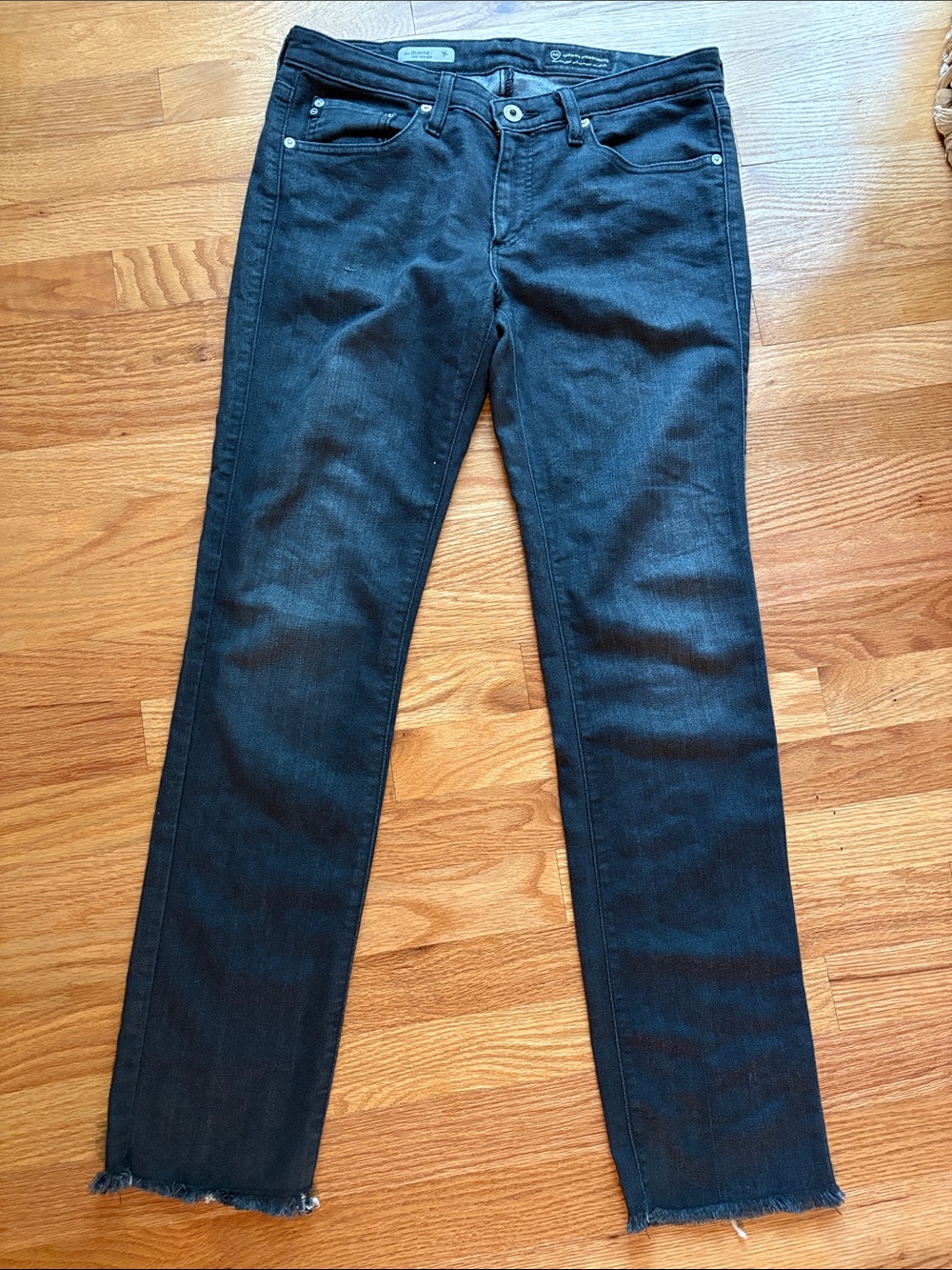 AG Adriano Goldschmied Stevie Slim Straight Jeans 29R Faded Black Gray Raw Hem
